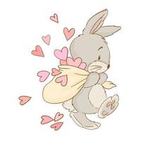 söt kanin med väska och hjärtan, alla hjärtans dag gratulationskort vektor