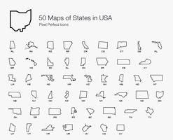 Alla 50 USA-stater Karta Pixel Perfect Icons (Line Style). vektor