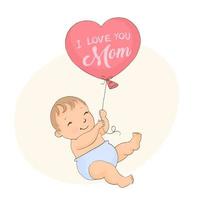 Süßer kleiner Junge, der einen herzförmigen Ballon hält, glückliche Muttertagskarte vektor