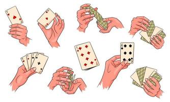 spelande. spelkort i handen. kasino, förmögenhet, tur. stor uppsättning. tecknad stil. vektor