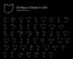 Alla 50 USA-stater Karta Pixel Perfect Icons (Line Style Shadow Edition). vektor