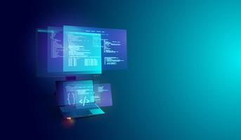 Software- und Programmentwicklung auf dem Bildschirm-, Codierungs- und Verarbeitungsdiagramm von Laptop und PC. Vektor