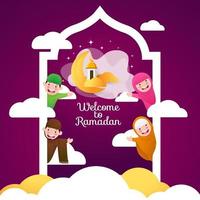 grußkarte willkommen zur ramadan-illustration mit niedlichem glücklichem muslimischem charakter vektor