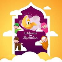grußkarte willkommen zur ramadan-illustration mit niedlichem glücklichem muslimischem charakter vektor