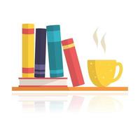 bunte Bücher auf einem Bücherregal und eine Tasse heißen Tee oder Kaffee. flaches Designkonzept vektor