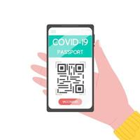 hand, die smartphone mit covid-19-impfpass hält. elektronischer reisepass mit qr-code. Gesundheitspass über Coronavirus-Antikörper. Reise obligatorisches Dokument. vektor