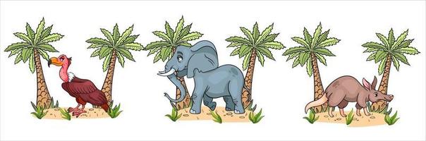 roliga karaktärer djur gam, elefant, jordvark med palmer i tecknad stil. vektor