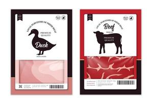 Metzgerei-Etiketten mit Nutztier-Silhouetten, Kuh, Rind, Ente und Fleisch vektor