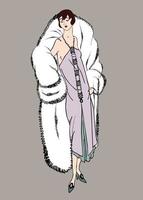 Retro-Mode gekleidete Frau im Stil der 1920er Jahre der 1930er Jahre. stilvolle Dame in Vintage-Winterkleidung. Mode-Party-Girl-Silhouetten aus den 30er Jahren. vektor