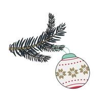 Weihnachtskugel zur Dekoration mit Ornament auf grünem Fichtenzweig mit Nadeln. flache vektorillustration vektor