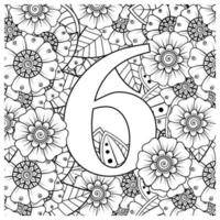 nummer 6 mit mehndi blume dekorative verzierung im ethnischen orientalischen stil malbuchseite vektor