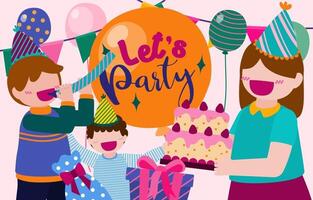Cartoon-Geburtstagsfeier-Leute. mann und frau haben geburtstagsfeier zu hause. geburtstagsfeierdekoration mit ballon und schießfarbe vektor