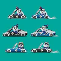 tierfahrer, haustierfahrzeug und panda glücklich im auto. vektor