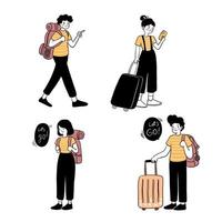man och kvinna helg av turister som reser med ryggsäckar och väskor, resväskor. vektor