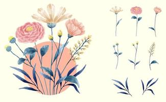 Eine Reihe von Blumen, die in Aquarellfarben für Designerarbeiten gemalt wurden vektor