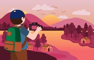 Fotograf benutzt Kamera, die einen schönen Landschaftsfotovektor nimmt
