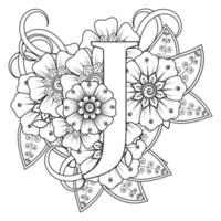 Buchstabe j mit Mehndi-Blume. dekoratives Ornament im ethnischen Orient. Umriss handgezeichnete Vektorgrafik. vektor