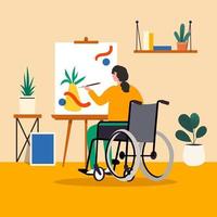 Behinderter Maler, der im Rollstuhl sitzt, malt auf Leinwandrahmen