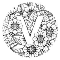 buchstabe v mit mehndi-blume. dekoratives Ornament im ethnischen Orient. Umriss handgezeichnete Vektorgrafik. vektor