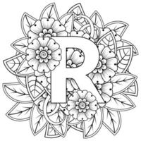 Buchstabe r mit Mehndi-Blume. dekoratives Ornament im ethnischen Orient. Umriss handgezeichnete Vektorgrafik. vektor