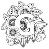 Buchstabe g aus Blumen im Mehndi-Stil. Malbuchseite. Umrisse Hand-Draw-Vektor-Illustration. vektor