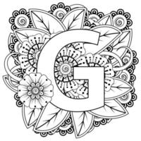 Buchstabe g mit Mehndi-Blume. dekoratives Ornament im ethnischen Orient. Umriss handgezeichnete Vektorgrafik. vektor