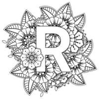 Buchstabe r mit Mehndi-Blume. dekoratives Ornament im orientalischen Ethno-Stil. Malbuch Seite. vektor