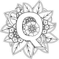 Buchstabe q mit Mehndi-Blume. dekoratives Ornament im ethnischen Orient. Umriss handgezeichnete Vektorgrafik. vektor