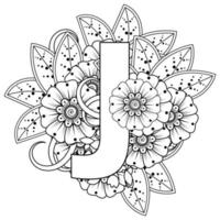 Buchstabe j mit Mehndi-Blume. dekoratives Ornament im ethnischen Orient. Umriss handgezeichnete Vektorgrafik. vektor