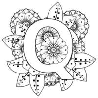 Buchstabe q mit Mehndi-Blume. dekoratives Ornament im orientalischen Ethno-Stil. Malbuch Seite. vektor