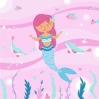 kleine rosahaarige meerjungfrau mit unterwassertieren, fischen und delfinen. Vektor-Illustration vektor
