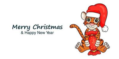 Neujahrsbanner mit dem Bild des Tigers mit Weihnachtsschmuck. Symbol des Jahres nach dem chinesischen Kalender. Frohe Weihnachten und ein glückliches Neues Jahr. Vektor-Illustration Cartoon-Stil vektor