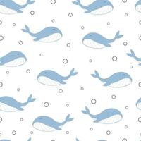 blauwal und blasen nahtloses muster meerestier hintergrund handgezeichnetes design im cartoon-stil für textilien, kleidungsmuster, drucke, tapeten, vektorillustration vektor