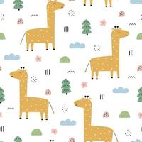 Nahtloser Musterkarikatur-Tierhintergrund mit Giraffe und Bäumen handgezeichnetes Design im Cartoon-Stil, Verwendung für Druck, Stoffmuster, Tapete, Dekoration. Vektor-Illustration vektor