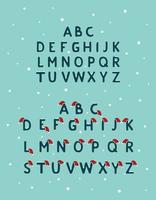 alfabetet av blå bokstäver med snö och röda tomtehattar. festlig typsnitt, symbol för gott nytt år och jul, tecken och bokstäver i olika former