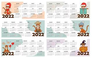 Kalenderentwurfsvorlage für 2022, das Jahr des Tigers nach dem chinesischen oder östlichen Kalender, mit einer Abbildung des Tigers. horizontale Tabelle mit Kalender für 2022. Vektor