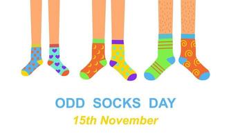 Odd Socks Day Anti-Mobbing-Woche-Banner. mann, frau und kinderfüße in verschiedenen bunten verrückten socken vektor