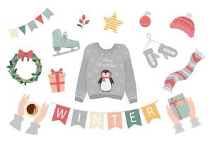 gemütliches Winterset. sammlung von winterelementen, pullover, schal, weihnachtskranz, handschuhe, hut, schlittschuhe, geschenk. vektor