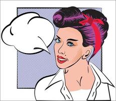 Porträt eines Mädchens im Stil Pop-Art, Comics, Skizze. Frau mit lila Haaren, Retro-Frisur, in weißem Hemd, Vintage-Stil auf dem Hintergrund des Rahmens und der Sprechblase. design für karte, flyer