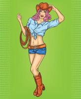 Vektor-Pop-Art-Pin-up-Illustration eines Rodeo-Mädchens mit Cowboyhut und Lasso
