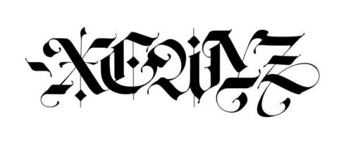 x, e, w, y, z i gotisk stil. vektor. bokstäver och symboler på en vit bakgrund. kalligrafi med svart markering. medeltida latinska bokstäver. elegant typsnitt för tatueringar. gammal germansk stil. vektor