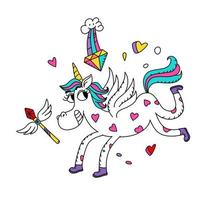 Illustration eines magischen Einhorns. Vektor. niedliches pferd des karikaturhelden mit einem horn. Kawaii-Charakter. Fabelwesen, symbolisiert die Keuschheit. Aufkleber mit einem ironischen Tier. vektor