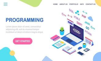 mjukvaruutveckling, programmeringsspråk, kodning. 3d isometrisk bärbar dator, dator med digital applikation isolerad på vit bakgrund. vektor design