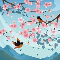 zwei Vögel, die um die Kirschblüte fliegen