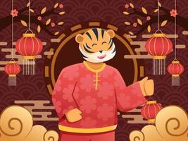 kinesiskt nyår 2022 år av tigerillustrationen. söt tiger tecknad fira lunar new year. kan användas för gratulationskort, vykort, webb, tryck, banner, affisch, animation, inbjudan. vektor