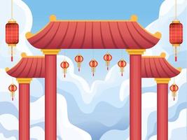 chinesisches torgebäude oder paifang-gebäudearchitekturillustration mit hängender traditioneller chinesischer lampe. frohes chinesisches neujahr. kann für grußauto, postkarte, einladung, web, poster, banner verwendet werden. vektor