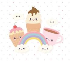 kawaii glass cupcake och kaffekopp rainbow moln snabbmat tecknad vektor