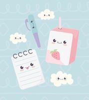 kawaii schule notizblock stift und saftbox wolken charakter cartoon vektor