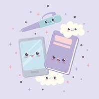 kawaii smartphone bok och penna kontor tecknad vektor