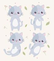 kawaii tecknade söta katter karaktärer gest ansikten uttryck vektor